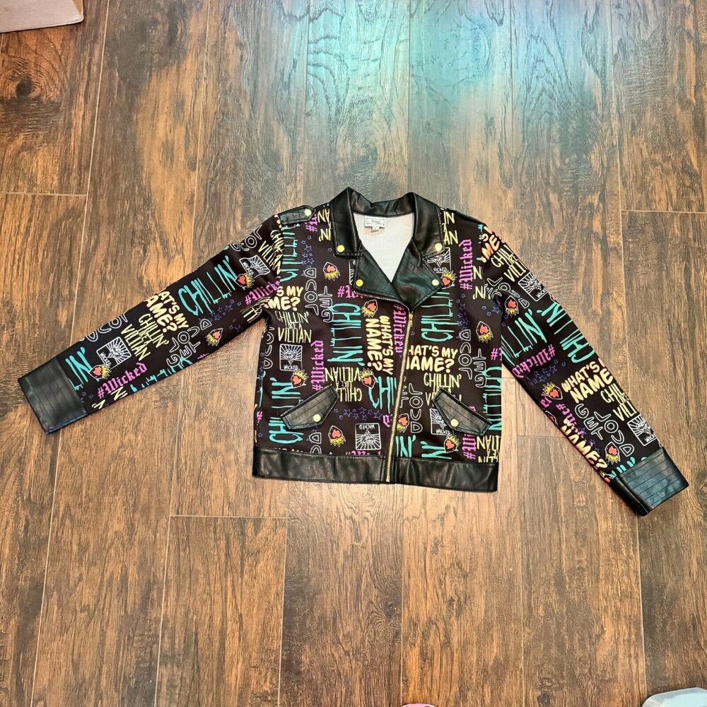 Disney Girls Jacket L Black D-Signed Descendants 2 Graffiti Print Moto Zip Up